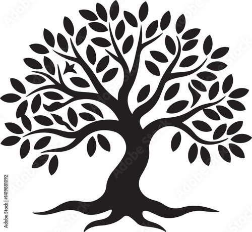 Tree silhouette stylized illustration navy blue on white background intricate branches abundant leaves organic shapes twisted trunk roots visible symmetrical design nature art mini