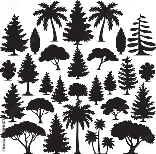 Tree silhouettes diverse species black and white botanical illustration detailed foliage palm trees pine trees deciduous trees coniferous trees tropical plants temperate plants var