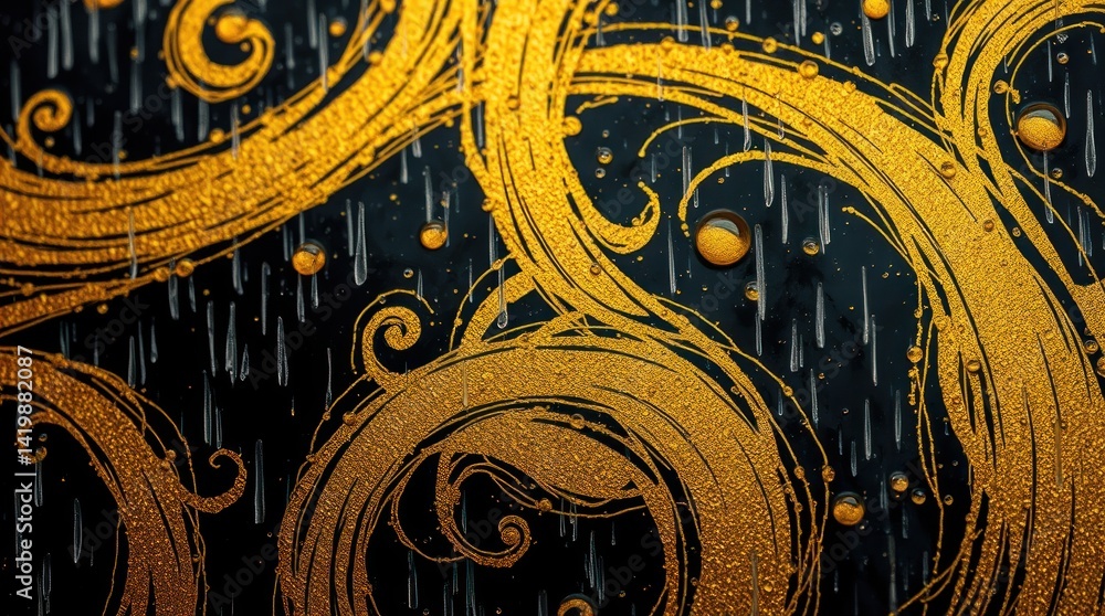 Naklejka premium Golden swirls, rain drops, dark background