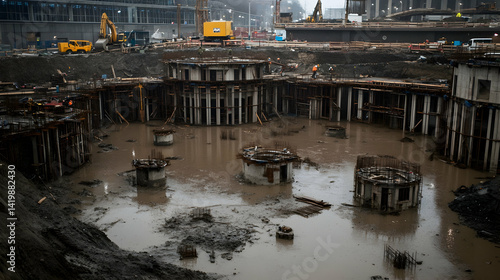 Construction site flooded with muddy water, showing unfinished building structures and heavy machinery.