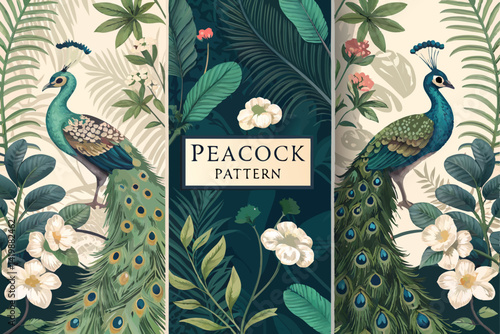 Elegant peacock pattern with tropical foliage and floral accents in a vibrant color palette design