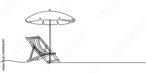 Continuous one line drawing of beach sunbed design. Beach umbrella and chair for holiday and vacation concept in single line draw. Editable stroke, Continuous one single minimal line drawing summer .
