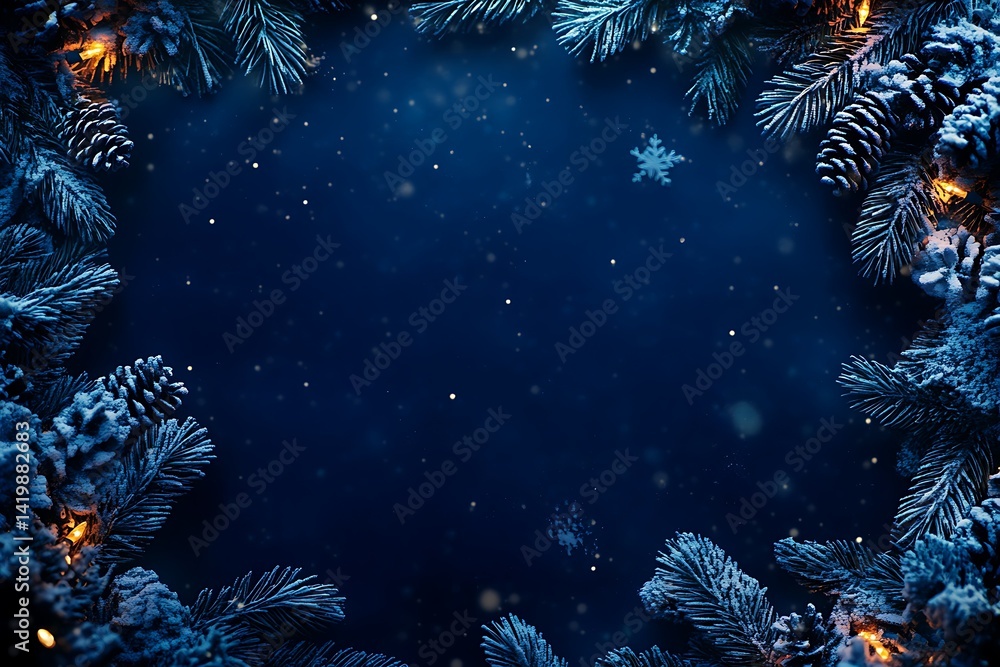 Fototapeta premium Christmas-themed frame background with blue and white decorations on a dark blue color background, space for text