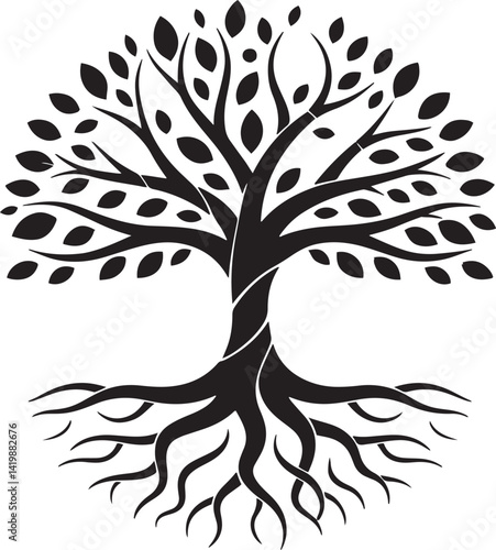 Tree silhouettes stylized illustrations black and white intricate leaf patterns circular fruits organic branching structures varied tree shapes symbolic tree of life roots visible
