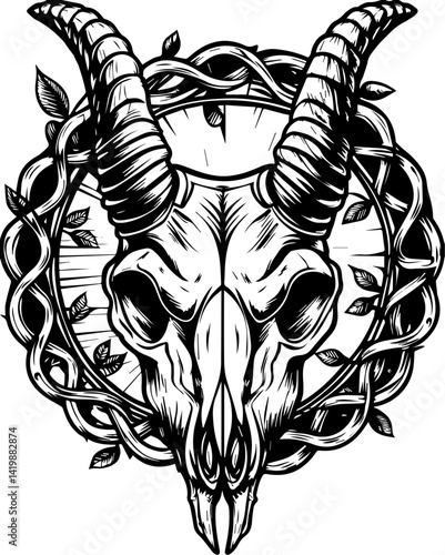 Dark Gothic skull with gothic creature companions in SVG vector style. Detailed Black and White Illustration of Horned Skull Surrounded by Vines