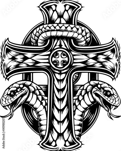 Dark Gothic skull with gothic creature companions in SVG vector style. Intricate Black and White Design of a Cross with Two Serpents