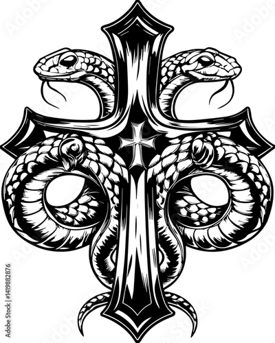 Dark Gothic skull with gothic creature companions in SVG vector style. Dual Serpent Design with Cross Symbol in Black and White Artwork