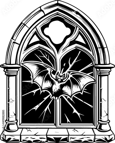 Dark Gothic skull with gothic creature companions in SVG vector style. Gothic Bat Illustration in an Arched Window with Broken Glass Details