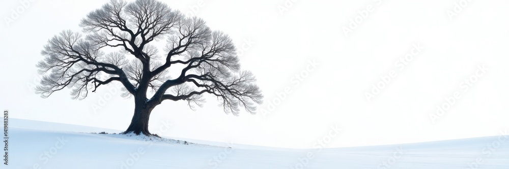 Ancient tree with bare branches against a snow-covered white background, snow, trees Ancient tree with bare branches against a snow-covered white background, snow, trees
