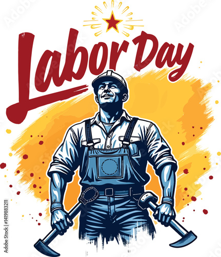 Illustration Celebrating Labor Day Featuring a Strong Worker and Patriotic Themes