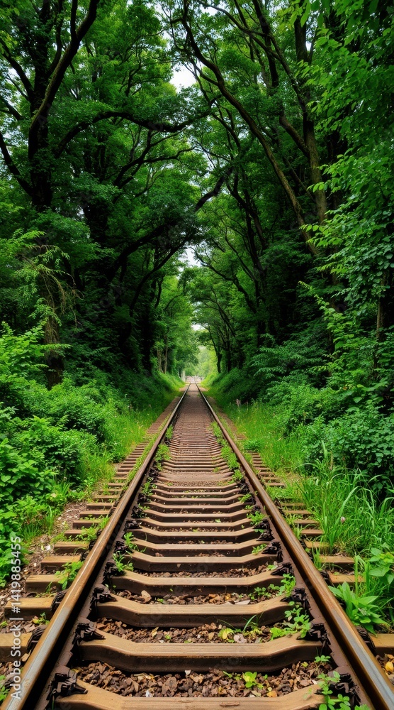 Railway Tracks Stretching Through Lush Green Forest Tunnel Railway Tracks Stretching Through Lush Green Forest Tunnel