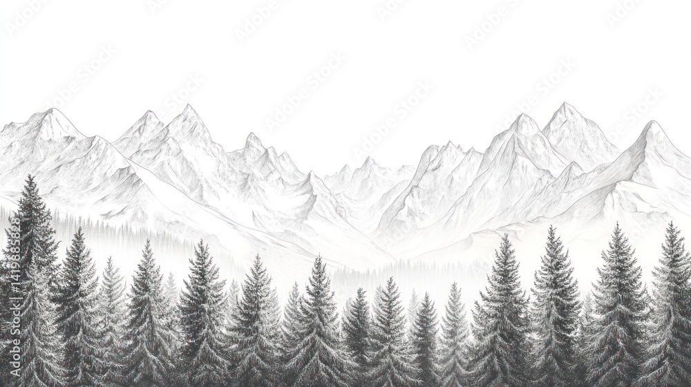 Fototapeta premium Snowy Mountain Range, Forest Landscape, Illustration
