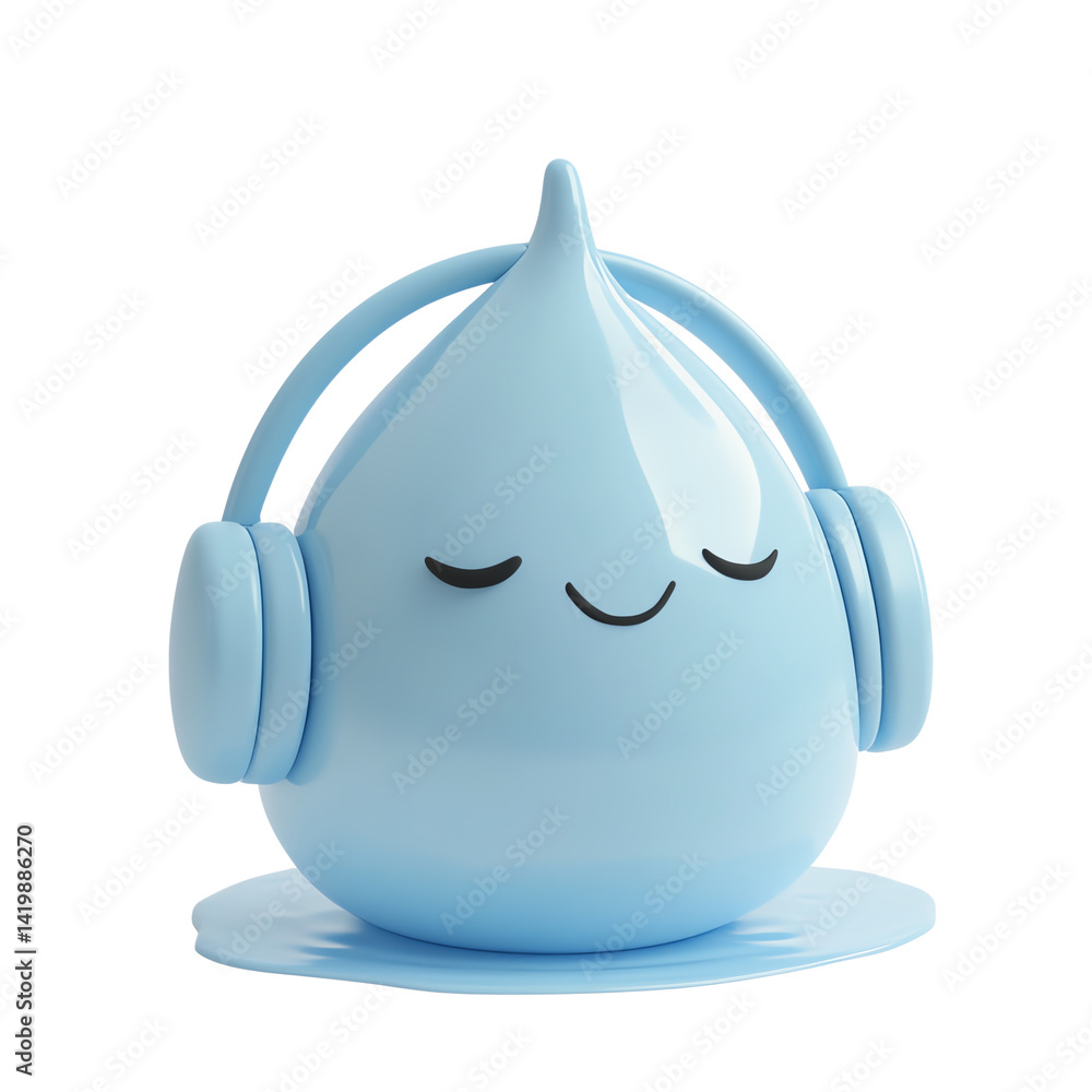 Cute blue droplet character with headphones, 3D soft pastel style Cute blue droplet character with headphones, 3D soft pastel style