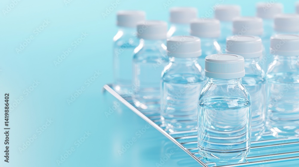 Collection of Sterilized Baby Bottles on Wire Rack Against Soft Blue Background