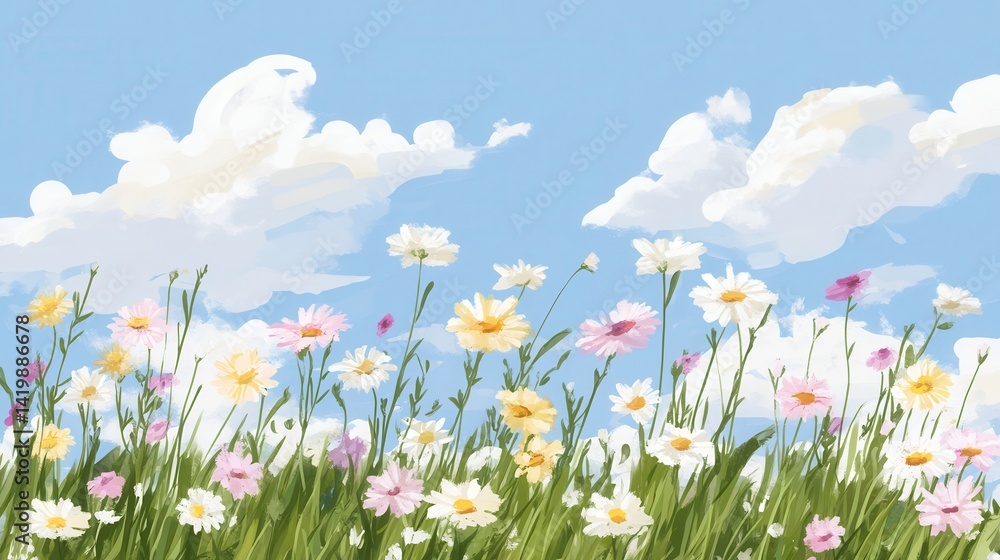 Daisies dance in the meadow under a sky of soft clouds Daisies dance in the meadow under a sky of soft clouds