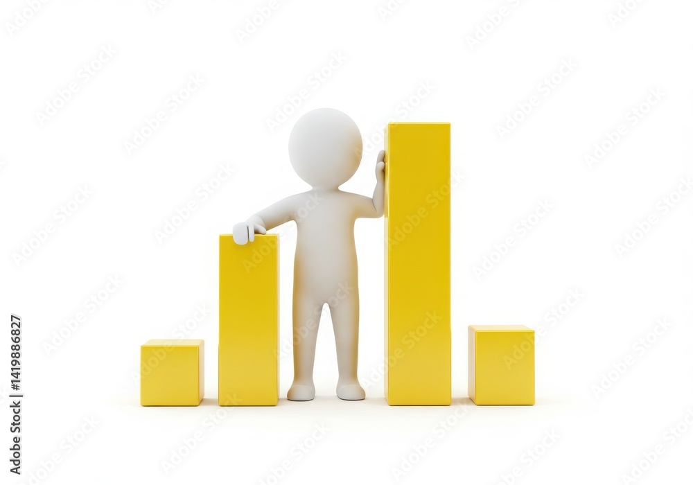 Stick figure with yellow bar chart on white background Stick figure with yellow bar chart on white background
