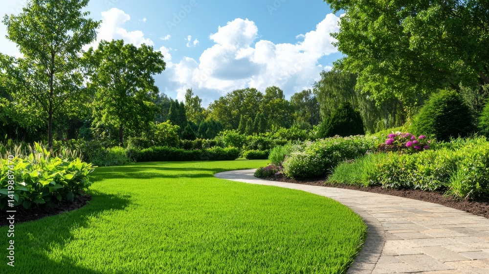 Fototapeta premium Lush Green Garden with Vibrant Flowers and Curved Pathway Under Bright Blue Sky