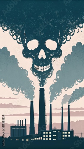 Deadly Industrial Pollution: A Skull-Shaped Smoke Plume from Factory Chimneys