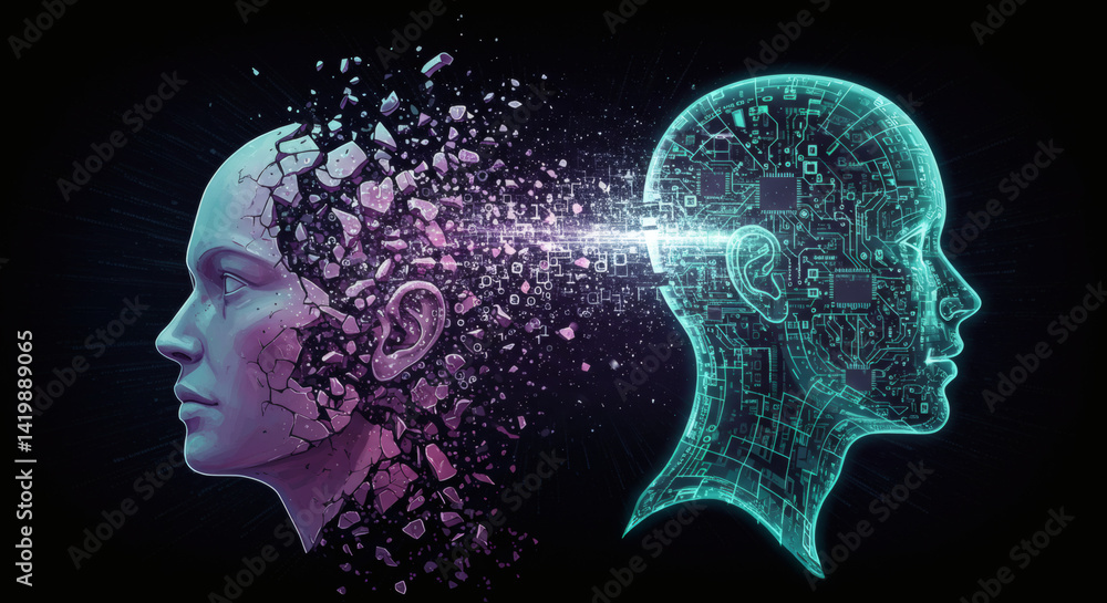 Digital depiction of a human mind merging with advanced technology for futuristic innovation. Digital depiction of a human mind merging with advanced technology for futuristic innovation.