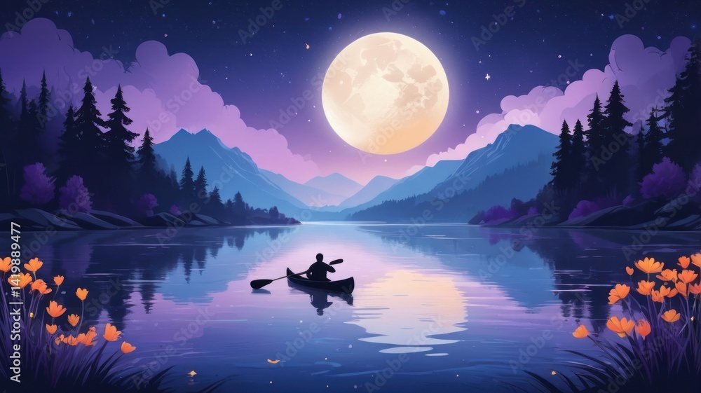 Fototapeta premium Serene lake scene at night. A lone kayaker paddles across a calm lake under a full moon, surrounded by mountains and a forest. Soft, pastel colors create a peaceful and dreamy atmosphere