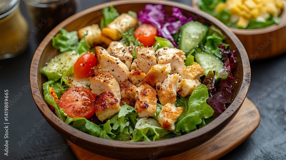Closeup Chicken Salad with Lettuce, Tomato, Cucumber in a Wooden Bowl on Black Surface Closeup Chicken Salad with Lettuce, Tomato, Cucumber in a Wooden Bowl on Black Surface