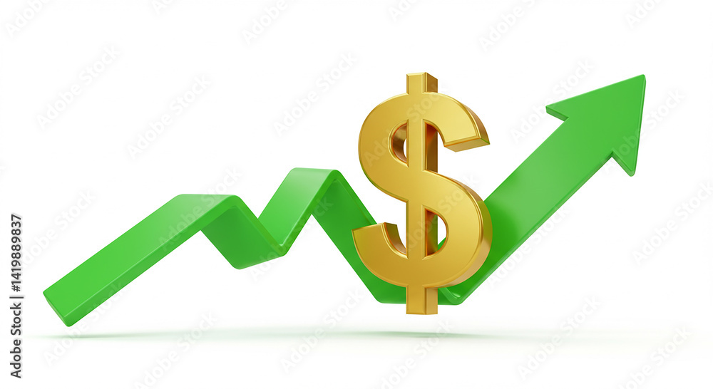 Gold dollar symbol with green arrow. Chart shows increasing trend. Economic growth or financial success concept. Business and investment gains. Money and finance going up. Gold dollar symbol with green arrow. Chart shows increasing trend. Economic growth or financial success concept. Business and investment gains. Money and finance going up.