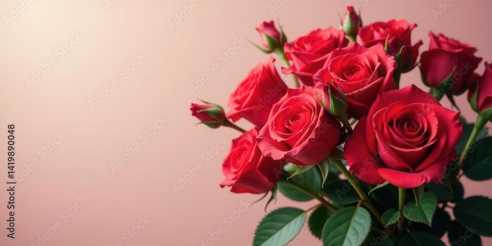 Obraz premium A vibrant bouquet of crimson roses, a symbol of passionate love and heartfelt affection, elegantly arranged against a soft, blushing background.