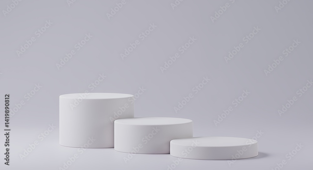 Three White Round Pedestals Display Minimalist Product Showcase Three White Round Pedestals Display Minimalist Product Showcase