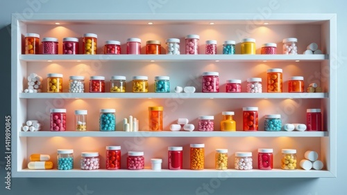 Wallpaper Mural Illuminated shelving unit displaying an assortment of colorful pills and capsules in various containers. Torontodigital.ca