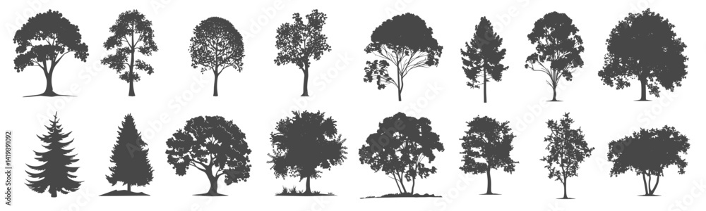 Set of trees simple and realistic black fill branch and twig plant forest SVG. transparent background illustration.