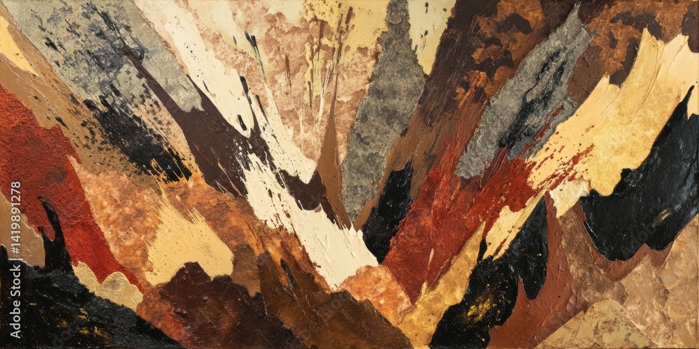 An abstract explosion of power and energy, symbolizing the force of nature within the mountains, with bold, angular shapes in dark browns, greys, and earthy reds.