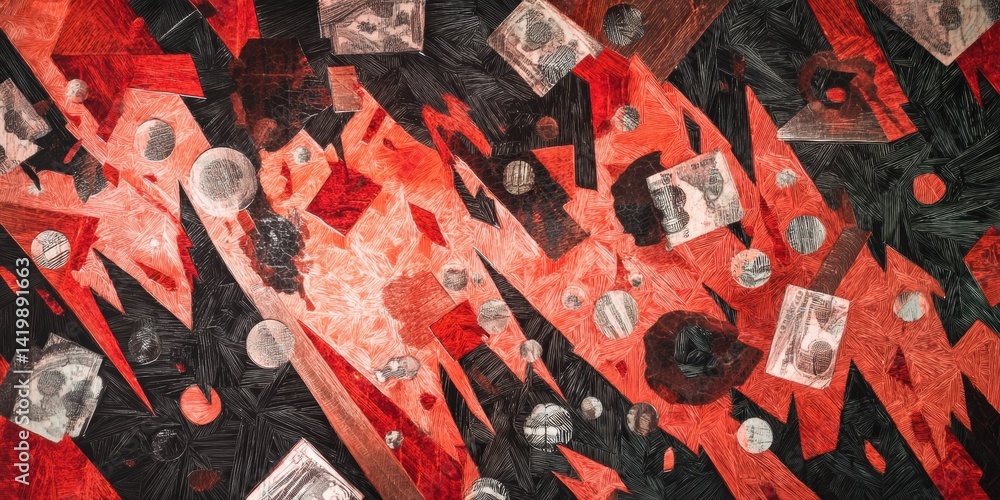 A powerful abstract composition symbolizing the concept of value, with sharp, jagged lines in dark reds, blacks, and metallic silvers. Broken currency notes and distorted coins float amidst chaotic.