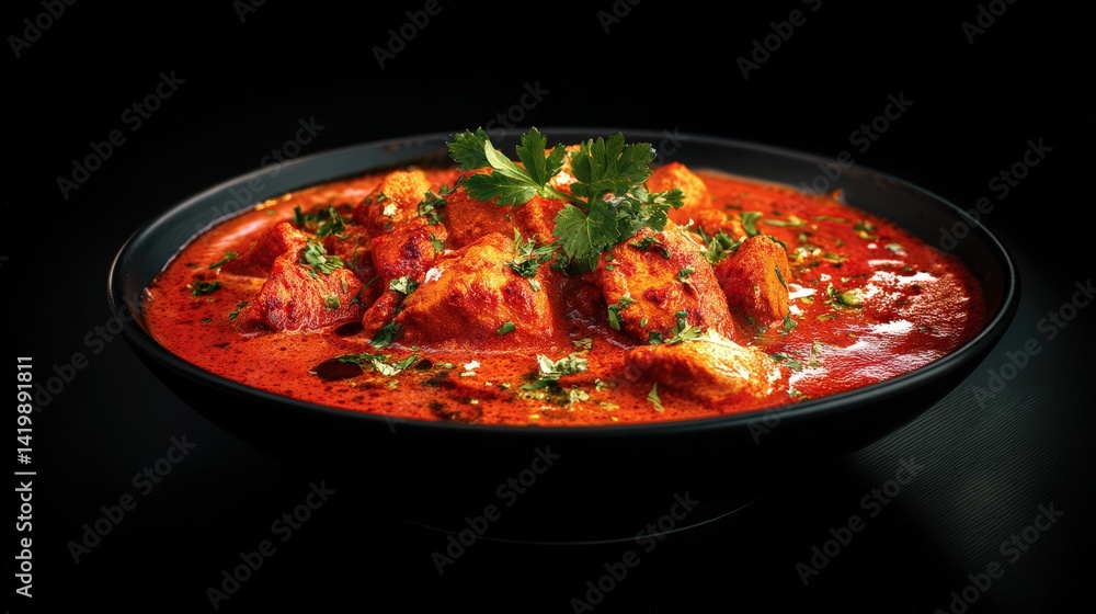 Aromatic bowl of chicken tikka masala served on a rustic table with a realistic black background for visual appeal Aromatic bowl of chicken tikka masala served on a rustic table with a realistic black background for visual appeal