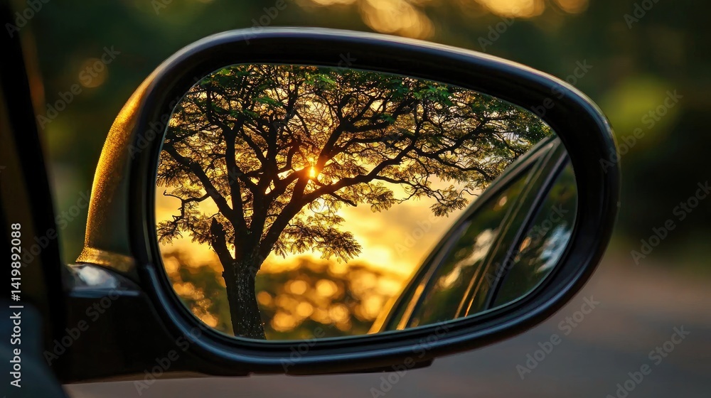 Sunset reflected in a car's side mirror, showcasing a tree.