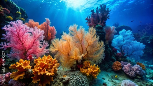 Vibrant Underwater Scene Showcasing a Diverse Array of Colorful Coral Formations and Graceful Sea Fans in a Sunlit Ocean Habitat