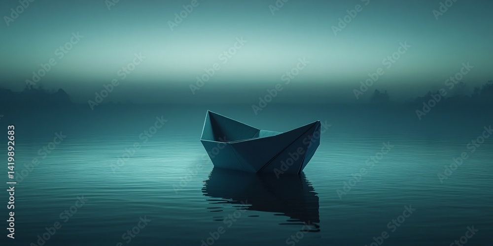 A single paper boat floating alone in a misty quiet lake A single paper boat floating alone in a misty quiet lake