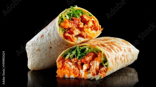 Gourmet buffalo chicken wrap presented on a black background featuring tortilla rolled with flavorful chicken filling