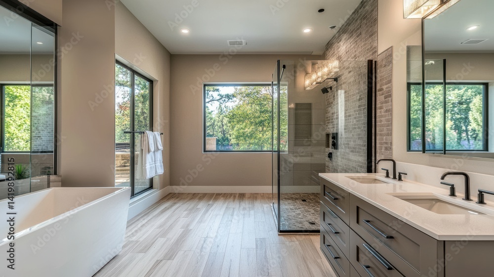 Elegant modern bathroom with large windows, double vanity, freestanding tub, walk-in shower, and natural light creating a serene environment Elegant modern bathroom with large windows, double vanity, freestanding tub, walk-in shower, and natural light creating a serene environment