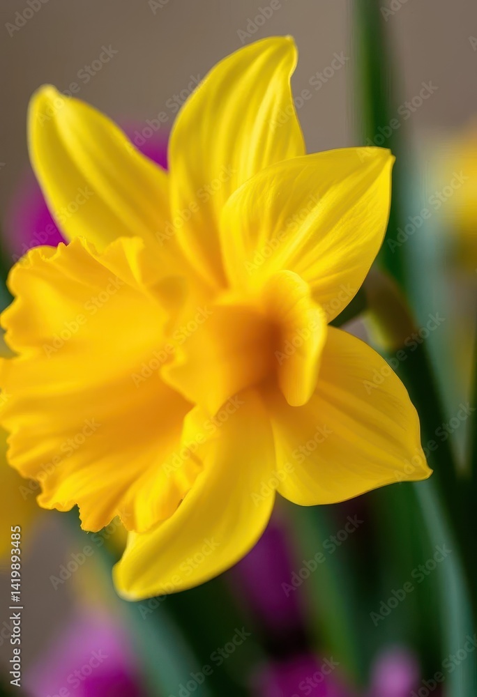 Obraz premium Close-up of a vibrant yellow Easter daffodil, petals unfurled, daffodil, garden, sunny