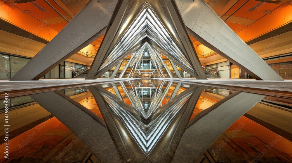 Fototapeta premium Modern architectural interior featuring reflecting surfaces and geometric designs