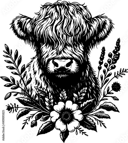 Highland Cow Floral Black and White SVG Design 