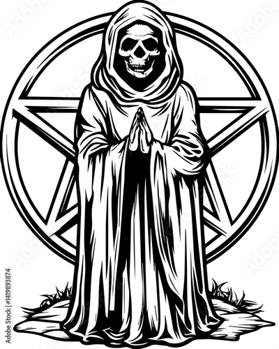 Dark Gothic skull infused with occult mysticism in a gothic SVG vector style. Mysterious Hooded Figure with Skull and Pentagram Background Artwork