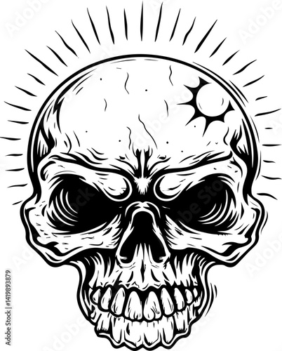 Dark Gothic skull infused with occult mysticism in a gothic SVG vector style. Detailed Sketch of a Skull with Radiating Sunburst Design Elements