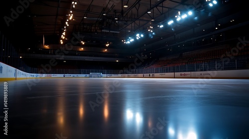 Empty ice hockey arena under bright lights.