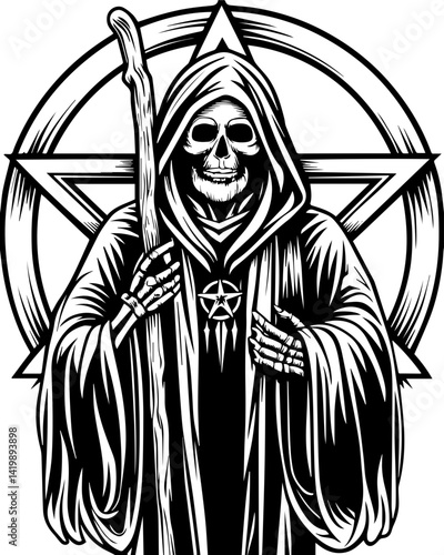 Dark Gothic skull infused with occult mysticism in a gothic SVG vector style. Mysterious Grim Reaper Figure with Staff and Pentagram Symbol Artwork