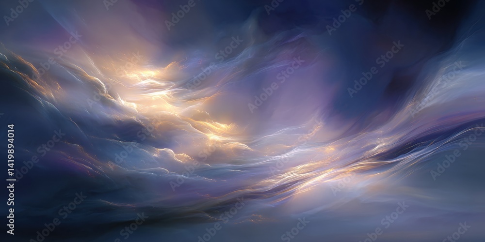 A dreamy, abstract visualization of dawn, with the first light breaking through dark, swirling clouds in cool shades of blue and purple, transitioning into warm golden tones. A dreamy, abstract visualization of dawn, with the first light breaking through dark, swirling clouds in cool shades of blue and purple, transitioning into warm golden tones.
