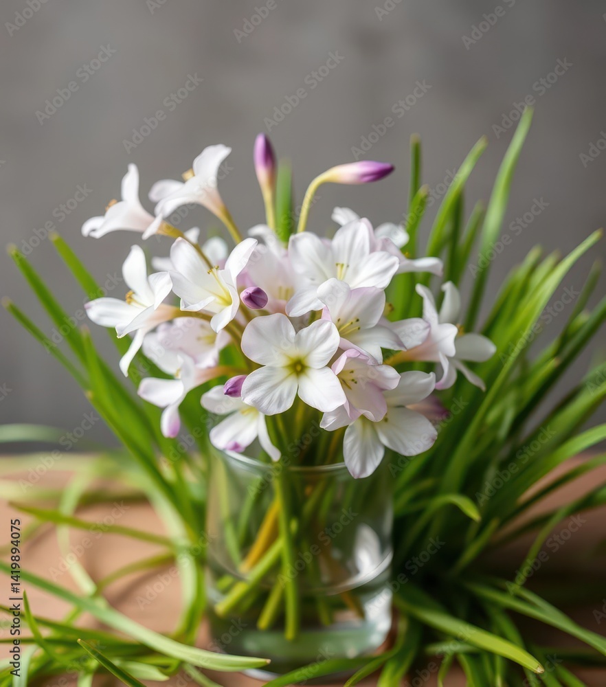Delicate Campanula blossoms in a simple glass vase, accented by vibrant green cut grass, texture, beauty, vase Delicate Campanula blossoms in a simple glass vase, accented by vibrant green cut grass, texture, beauty, vase