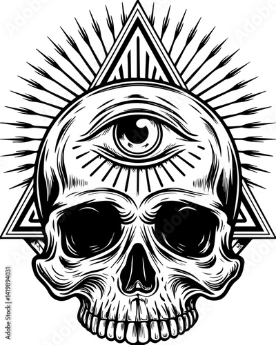 Dark Gothic skull infused with occult mysticism in a gothic SVG vector style. Intricate Skull Design with Third Eye and Radiating Sunburst Patterns