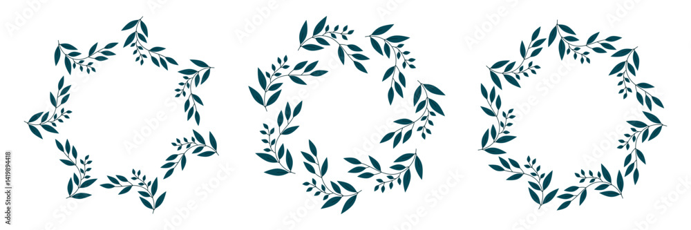 Botanical wreaths set with hand-drawn leafy branches. Minimalist floral frame design for wedding invitations, decorations and elegant branding. Botanical wreaths set with hand-drawn leafy branches. Minimalist floral frame design for wedding invitations, decorations and elegant branding.