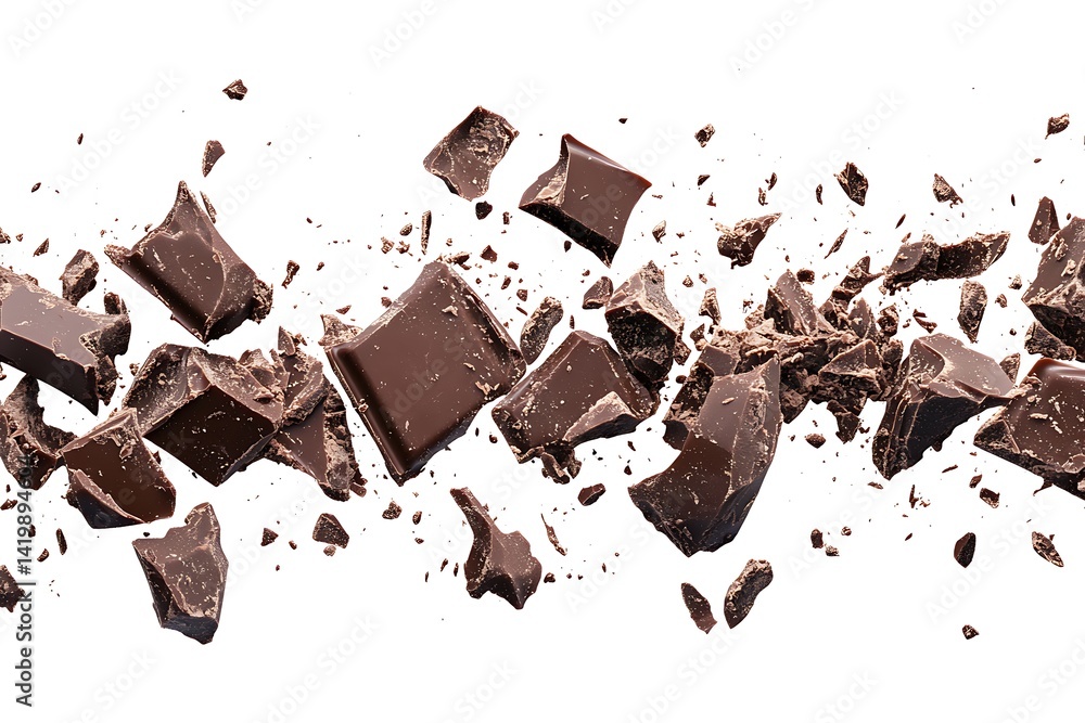 Fototapeta premium Dark chocolate bar pieces isolated on a white background